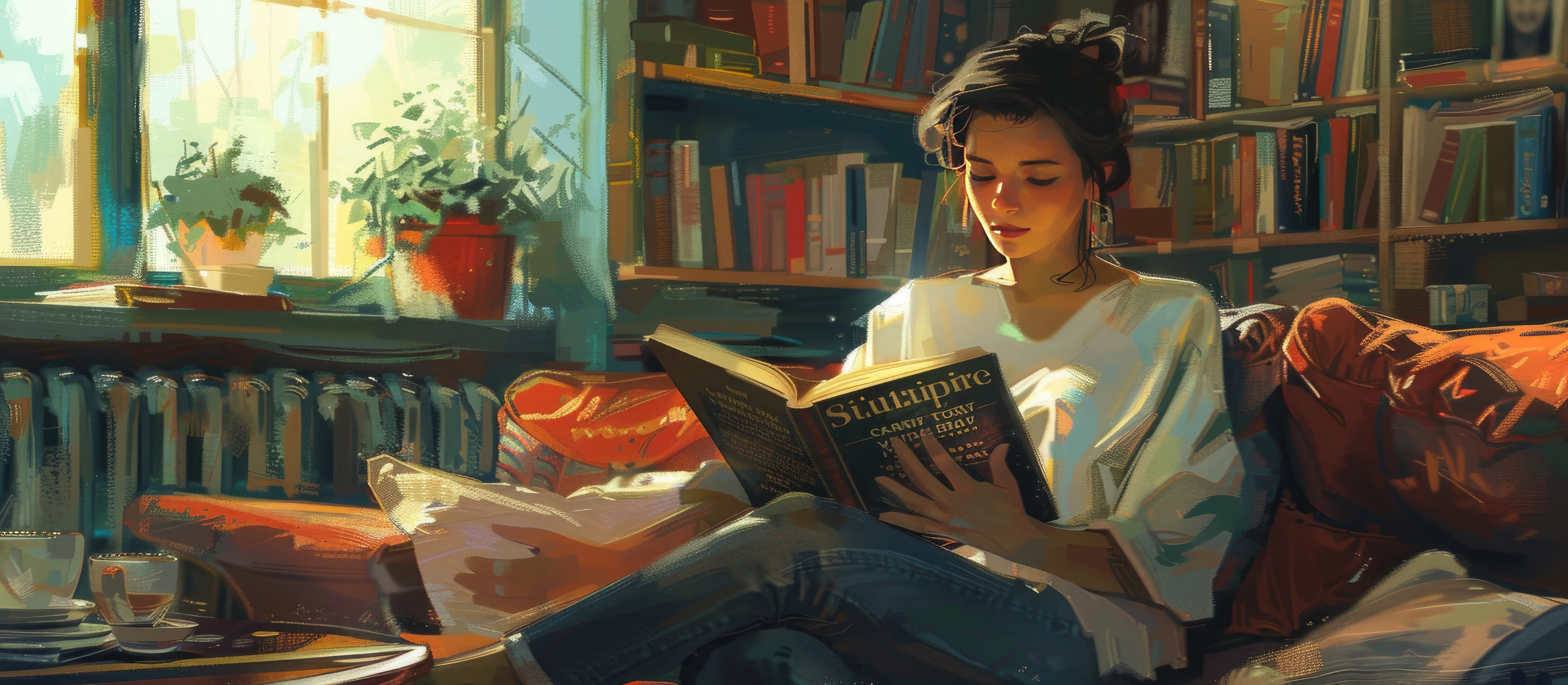 Eine Frau, die in einem sonnendurchfluteten Raum ein Buch liest